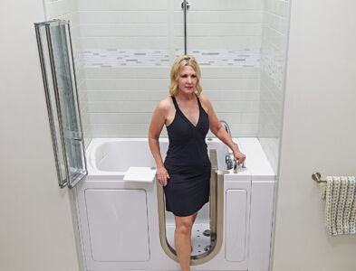 Walk-in bathtub installed in modern bathroom for safe bathing in Bluffton, SC