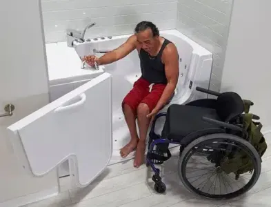 Wheelchair Transfer installed in modern bathroom for safe bathing in Bluffton, SC