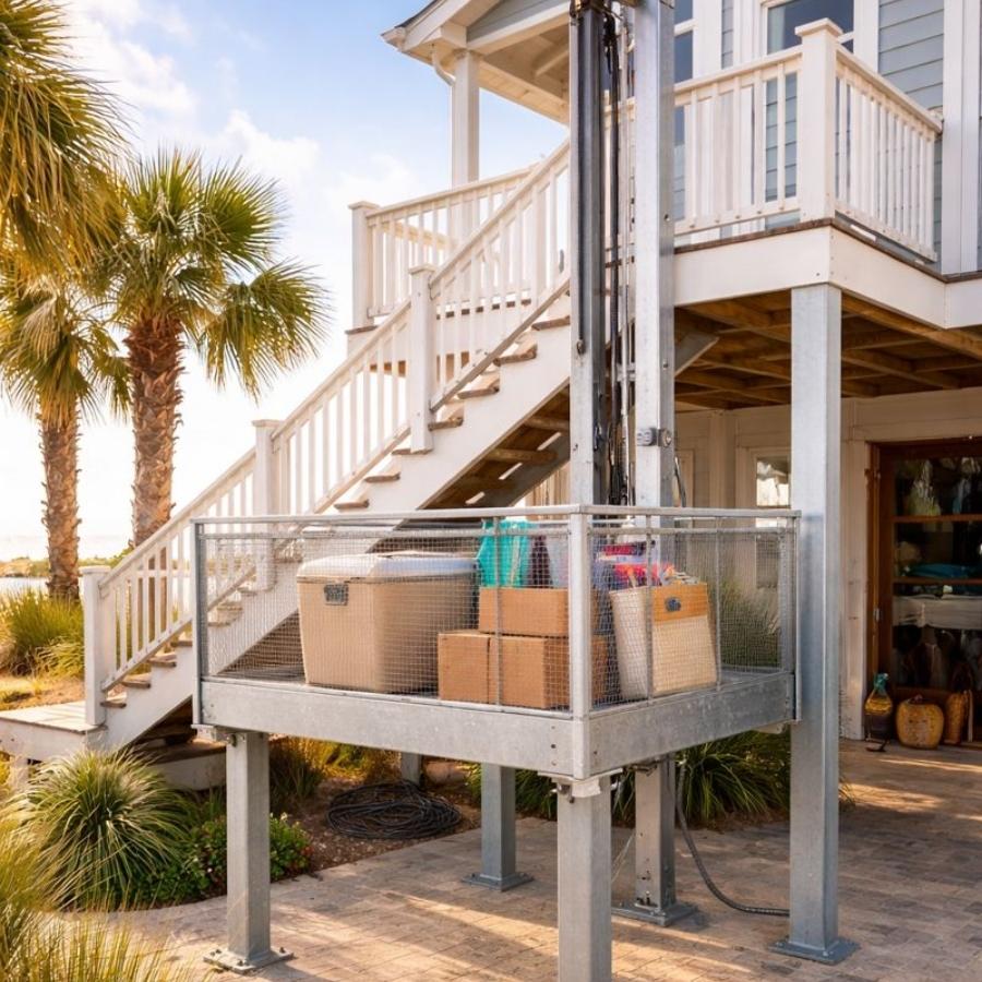 Outdoor residential cargo lift platform loaded with boxes and a cooler next to an elevated coastal home in Hinesville, GA.