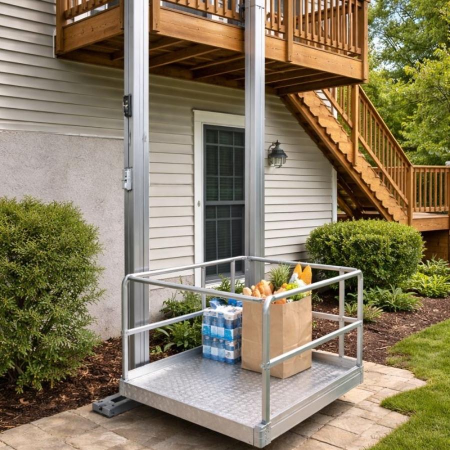 
Outdoor residential cargo lift carrying groceries to a second-story deck in St. Simons Island, GA.