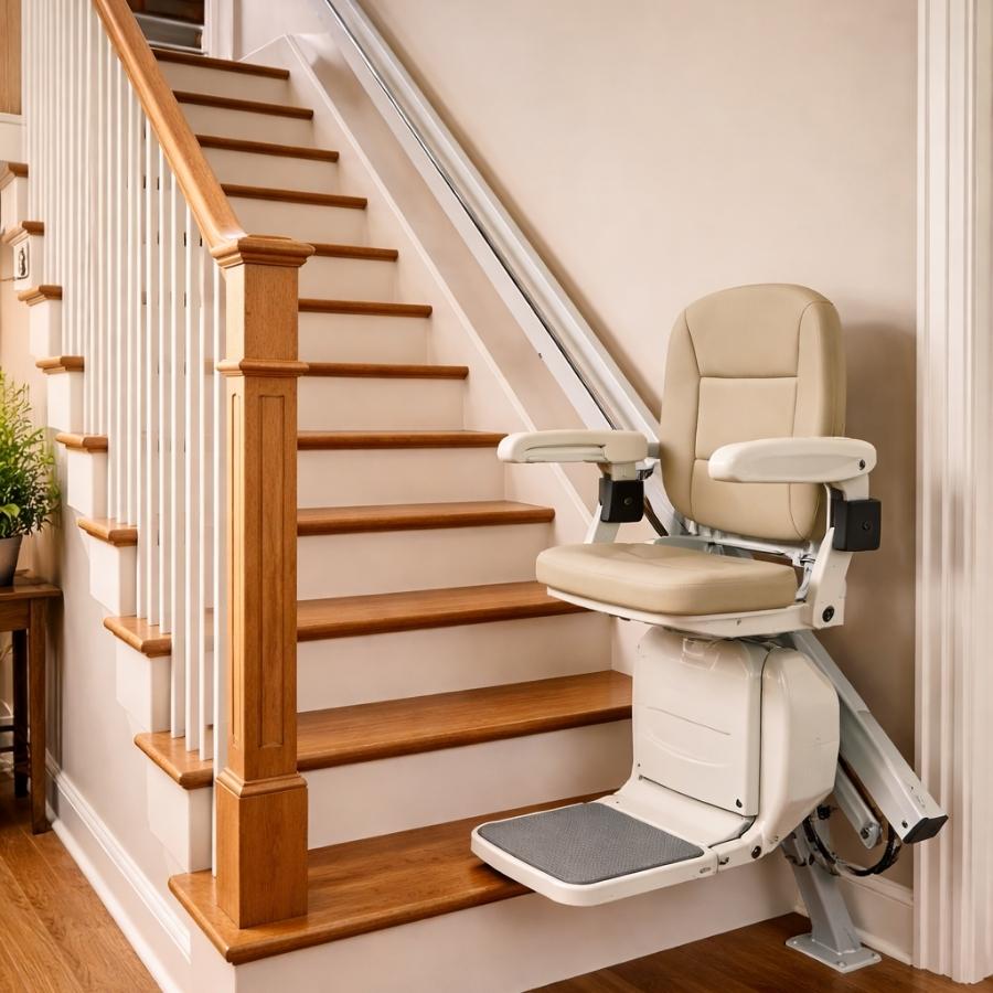 Indoor residential stair lift system with a padded tan seat and armrests installed on a wooden staircase in a Yemassee, SC home.