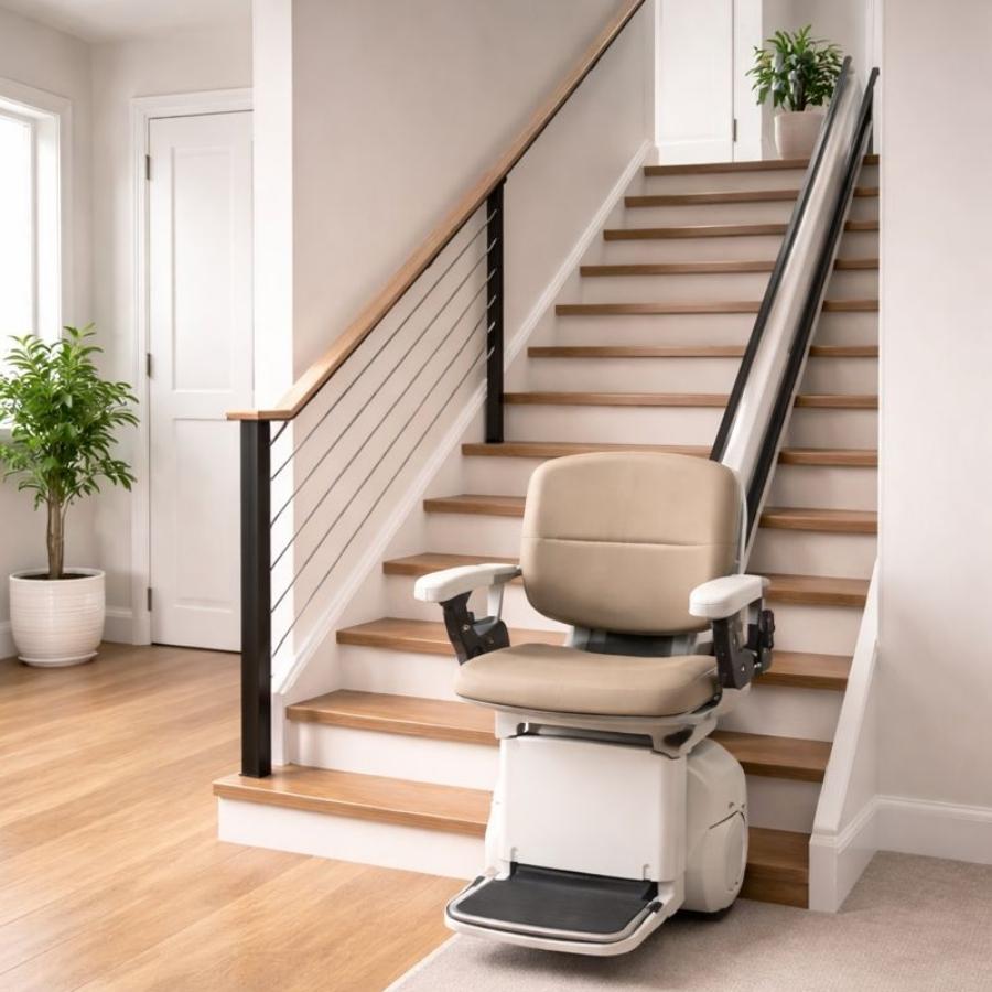 
Tan residential stair lift with a padded swivel seat and armrests installed on a straight staircase with a modern cable railing in Ridgeland, GA.
