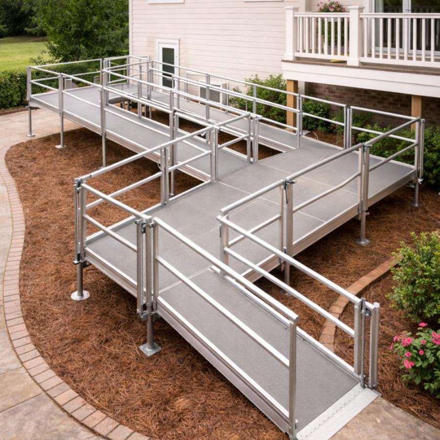 
Custom aluminum modular wheelchair ramp with multiple platforms and safety handrails installed at a residence in Hardeeville, GA.