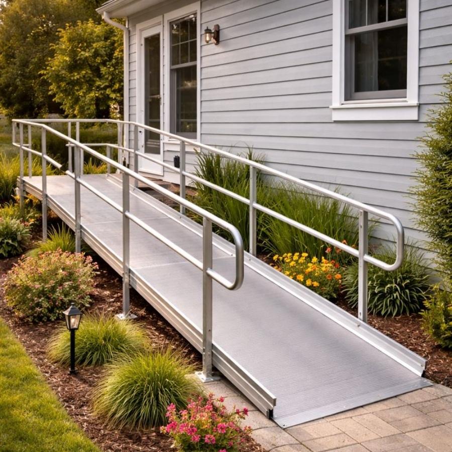 
Custom aluminum modular wheelchair ramp with safety handrails providing an accessible entrance to a residential home in Savannah, GA.
