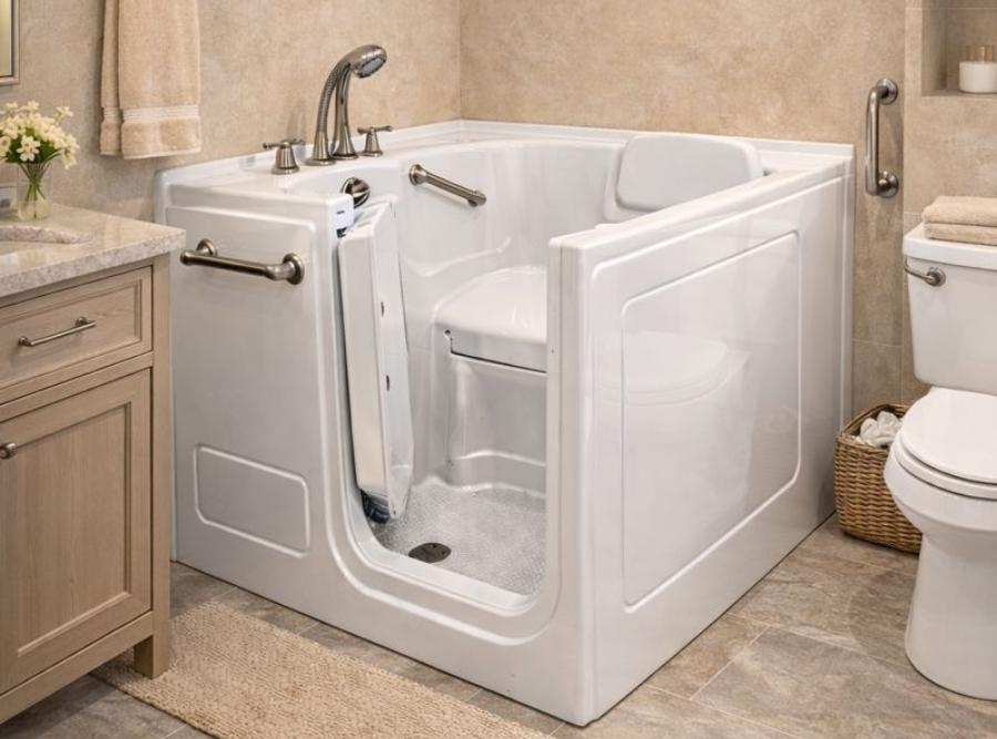 White walk-in bathtub with inward-swinging door, built-in seat, and safety grab bars installed in a modern bathroom