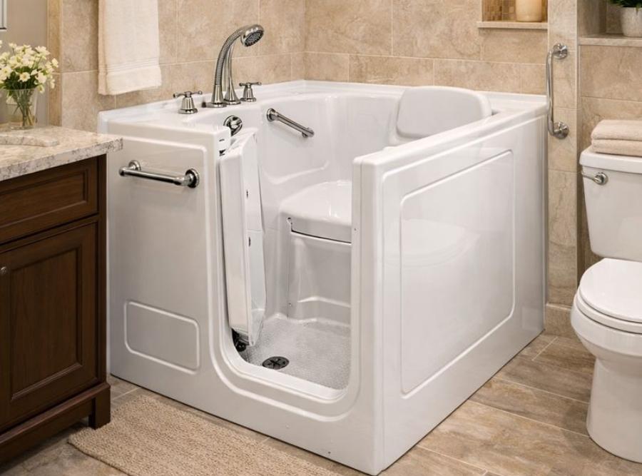 Compact white walk-in safety bathtub with chrome fixtures, an outward-opening door, and integrated grab bars installed in a Goose Creek, SC bathroom.