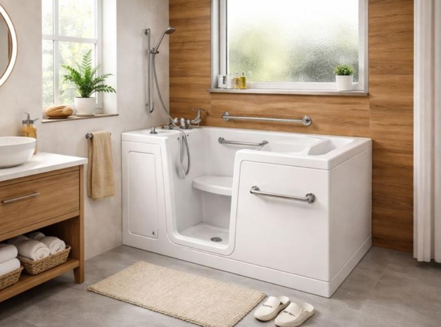 
Luxurious white walk-in soaking tub with an outward-opening door, integrated bench seat, and handheld showerhead installed in a Hardeeville, GA bathroom.
