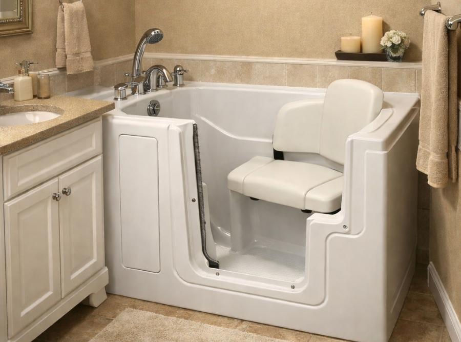 Luxurious white walk-in bathtub with a built-in padded seat and easy-access door installed in a modern bathroom