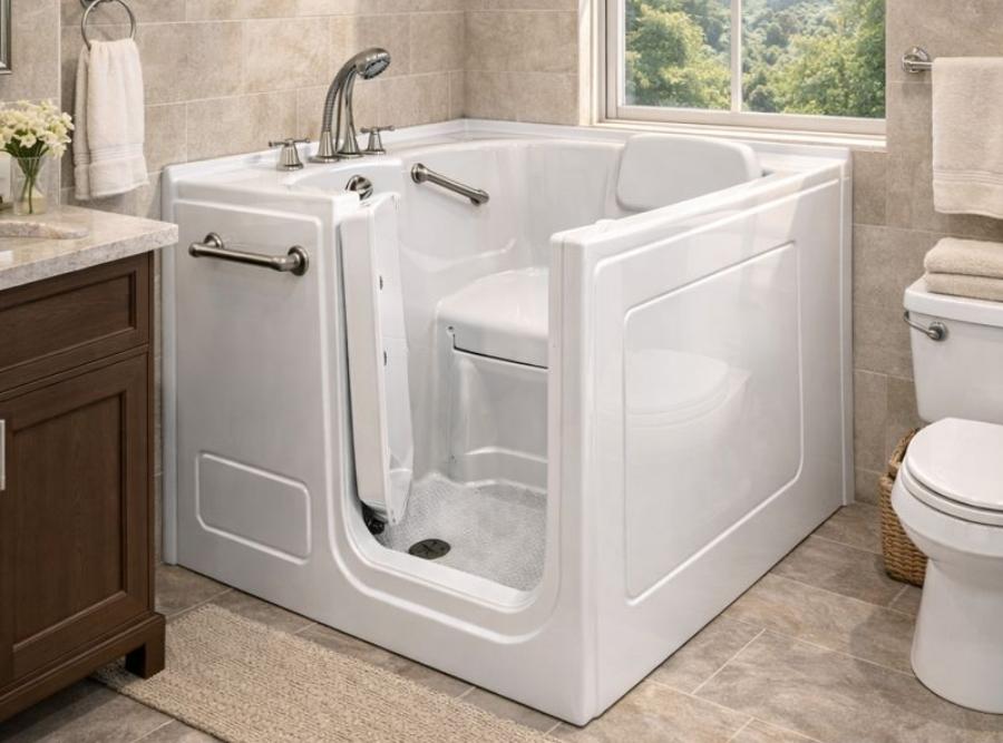 A modern white walk-in bathtub with an open inward-swinging door, built-in seat, and safety grab bars in a neutral-toned bathroom.
