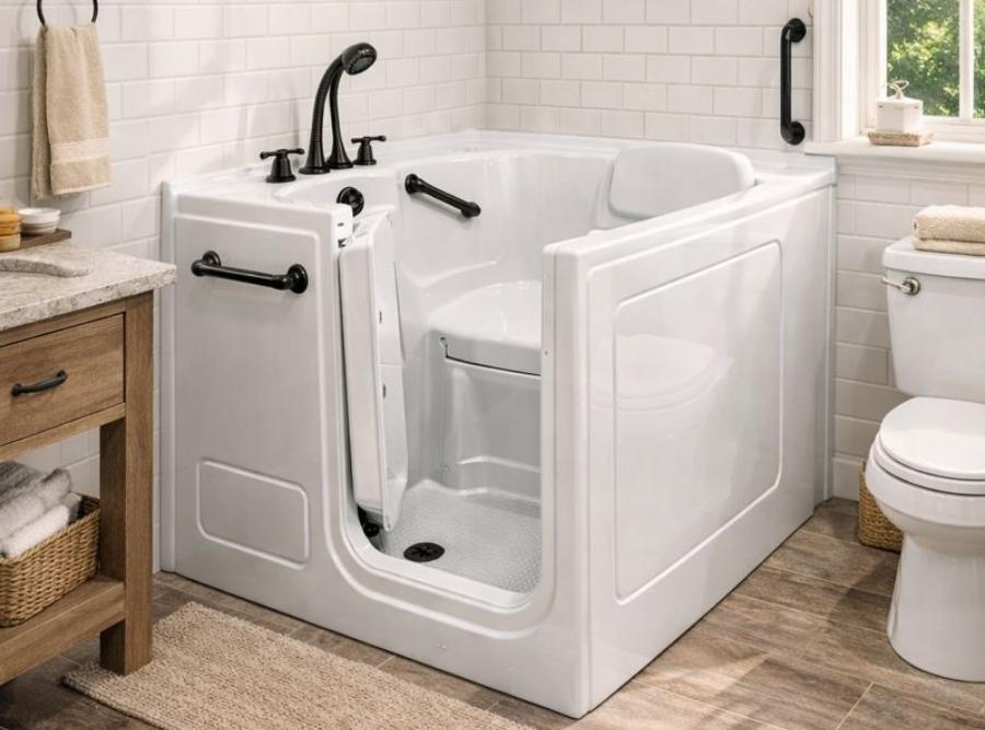 Modern white walk-in safety bathtub with oil-rubbed bronze fixtures and a built-in seat installed in a Mount Pleasant, SC home
