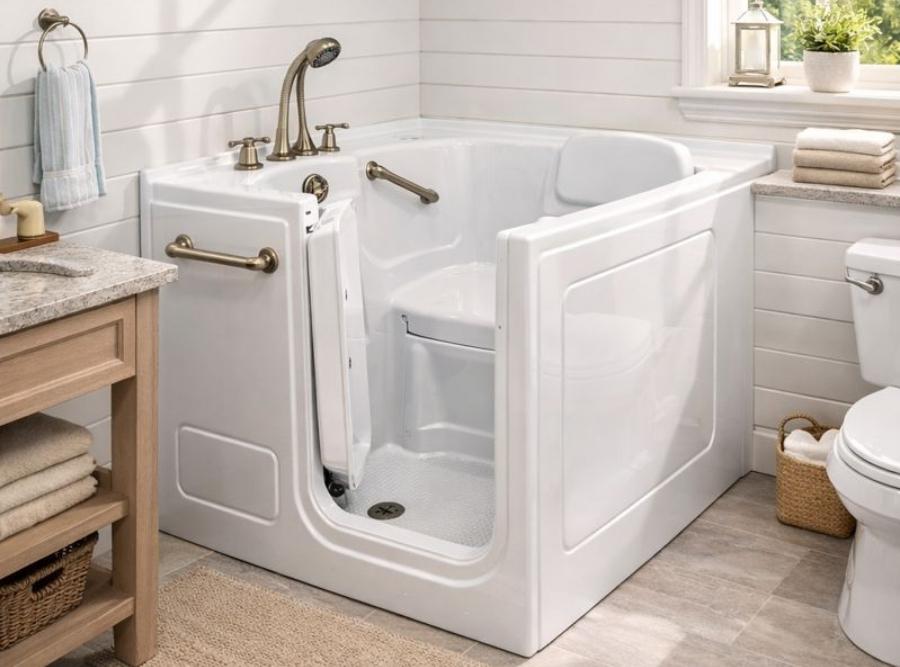 Safe walk-in bathtub with a built-in seat, gold fixtures, and an inward-swinging door installed in a North Charleston, SC home