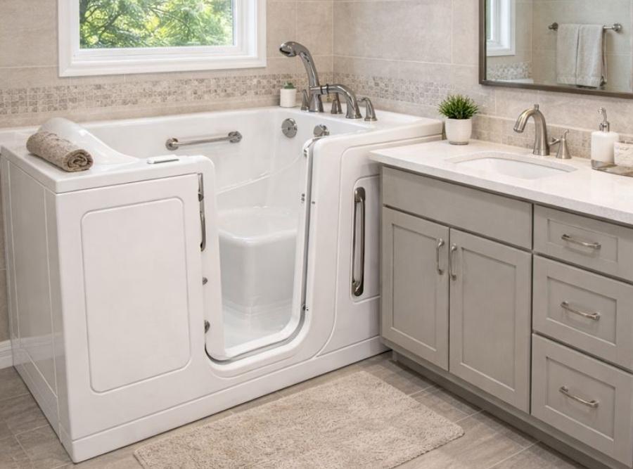 Luxurious white walk-in soaking tub with an outward-opening door, integrated bench seat, and polished chrome fixtures installed in a Pooler, GA bathroom.