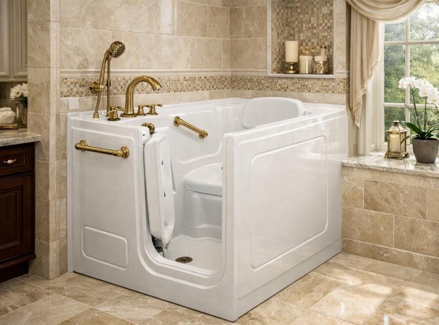 Luxury white walk-in bathtub with gold fixtures, inward-swinging door, and built-in safety seat installed in a tiled bathroom in Port Royal, SC