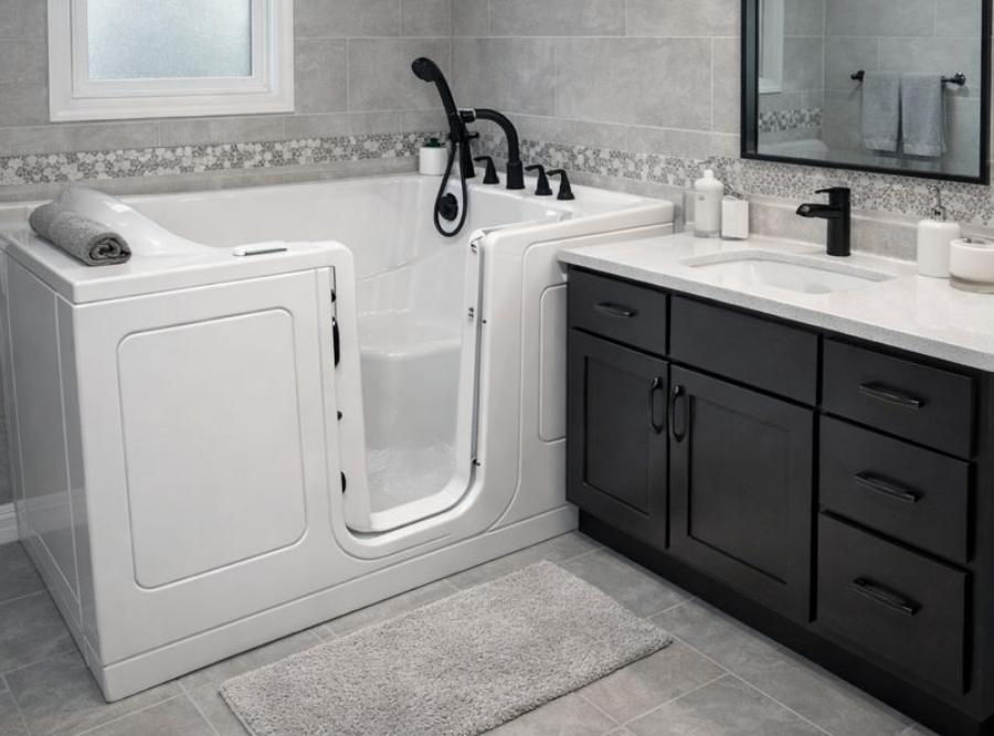 
Luxurious white walk-in soaking tub with an outward-opening door, integrated bench seat, and matte black fixtures installed in a Richmond Hill, GA bathroom.