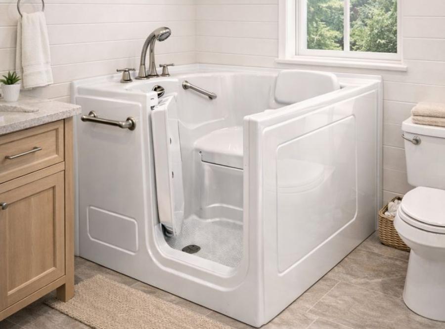 Modern white walk-in bathtub with inward-opening door, built-in seat, and safety grab bars installed in a bright bathroom remodel.
