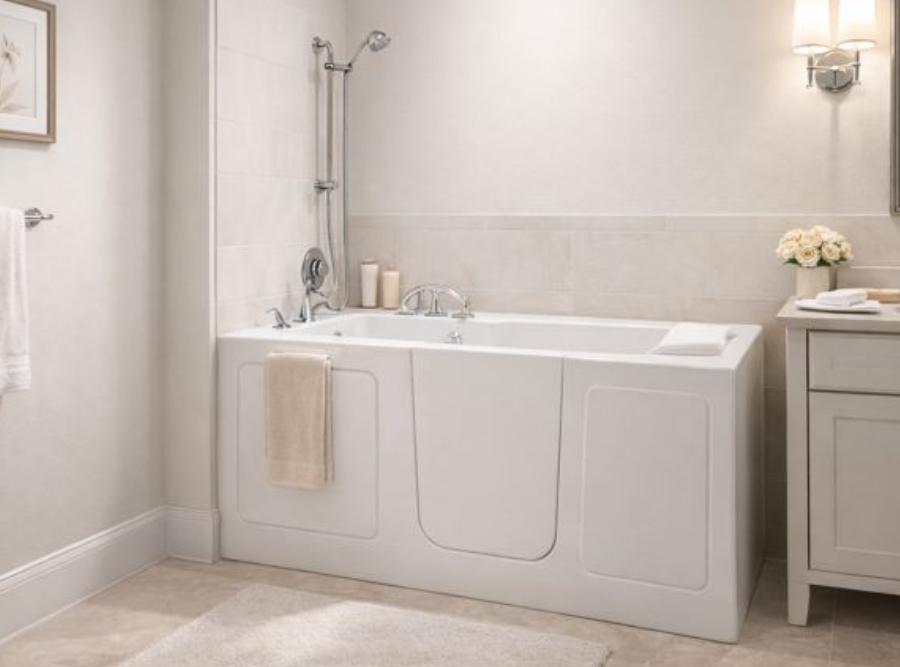 Luxurious white walk-in soaking tub with an outward-opening door, integrated bench seat, and handheld showerhead installed in a Statesboro, GA bathroom.