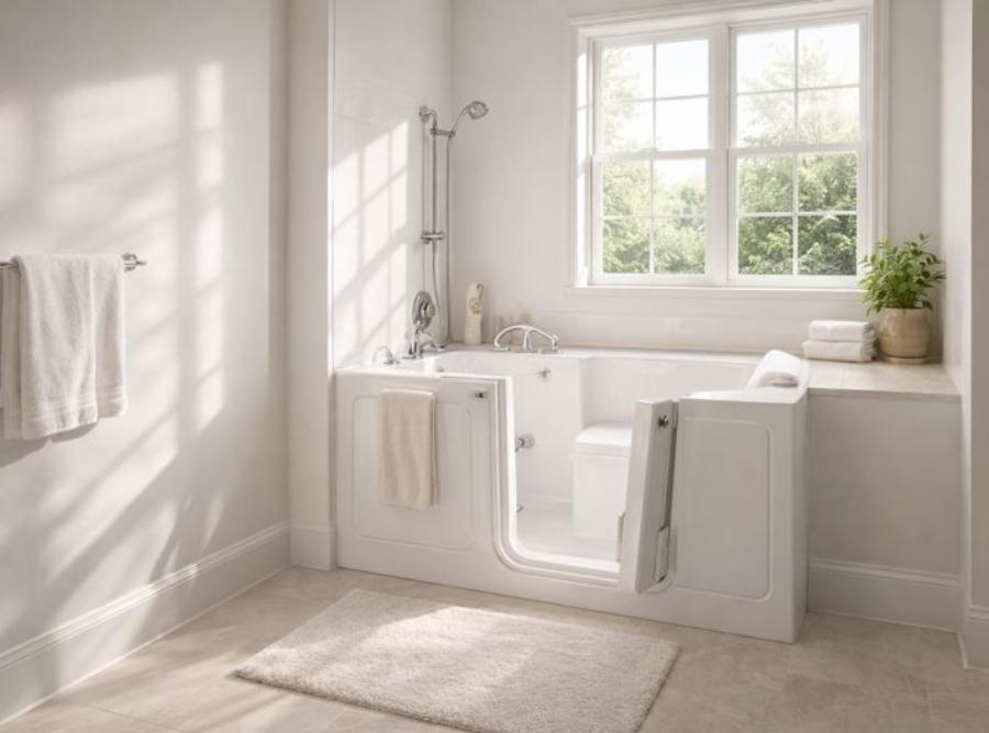Luxurious white walk-in soaking tub with an outward-opening door, integrated bench seat, and handheld showerhead installed in a Tybee Island, GA bathroom.