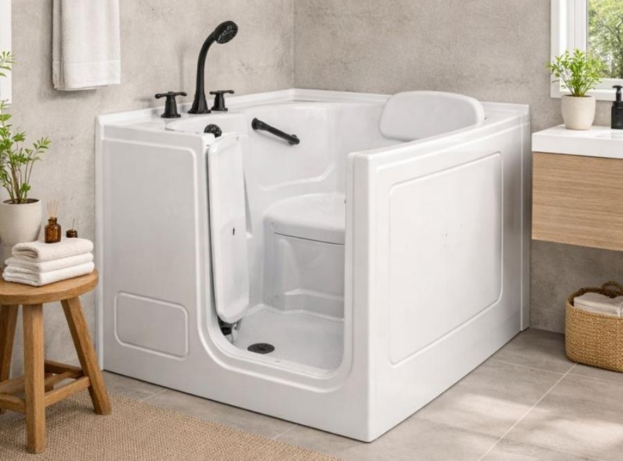 Modern white walk-in bathtub with oil-rubbed bronze fixtures, a safety grab bar, and an easy-access door installed in a Walterboro, SC home.