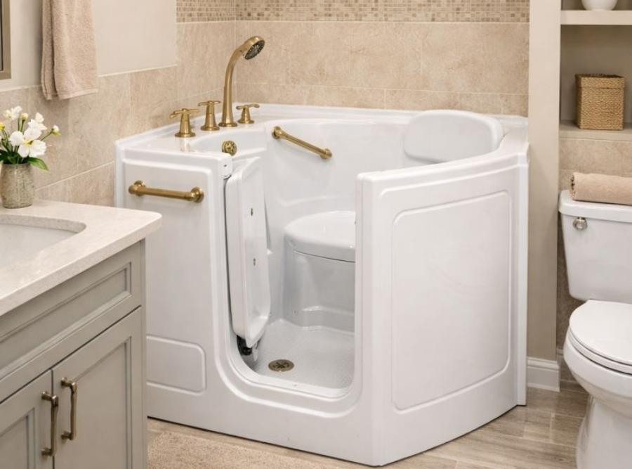 White safety walk-in bathtub with gold-finished hardware, grab bars, and a built-in seat installed in a Yemassee, SC bathroom.