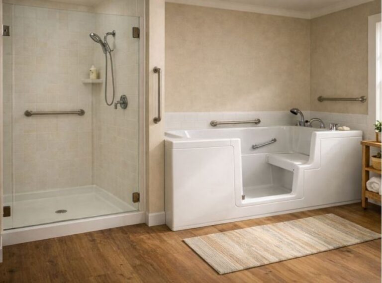 Accessible bathroom designed for aging in place, featuring a walk‑in tub with built‑in seat and multiple grab bars alongside a low‑threshold glass shower for safer, independent bathing.