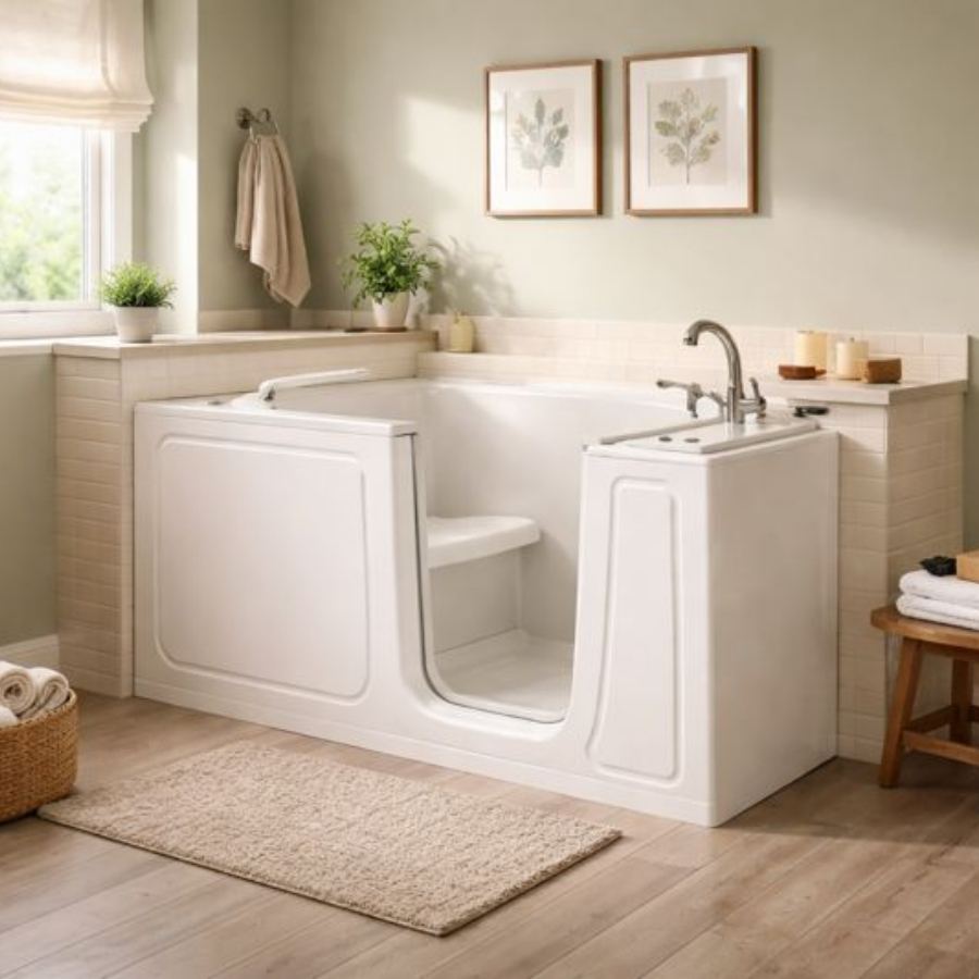 Beaufort SC walk-in tub in a bright spa-like bathroom with built-in seat, low step-in door, chrome faucet, neutral green walls, wood flooring and decor for safe senior accessible bathing.