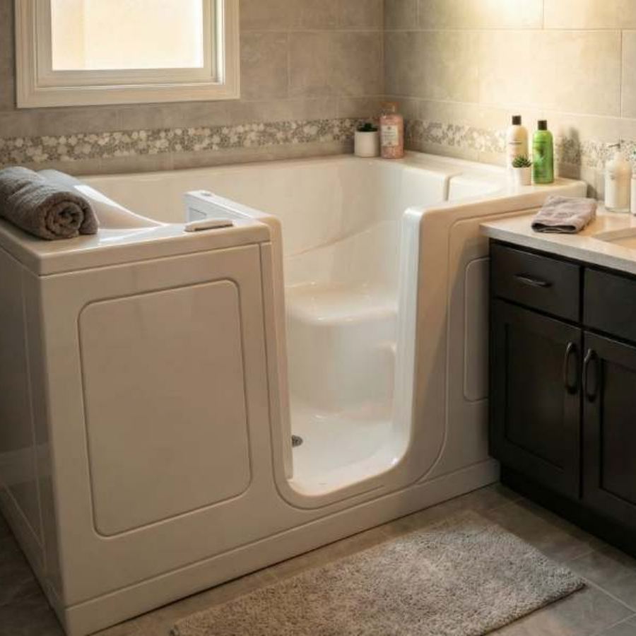 Walk-in bathtub in a modern Bluffton SC bathroom with safety seat, low entry door, grab bar and tile surround next to dark wood vanity and countertop accessories for senior accessible bathing.