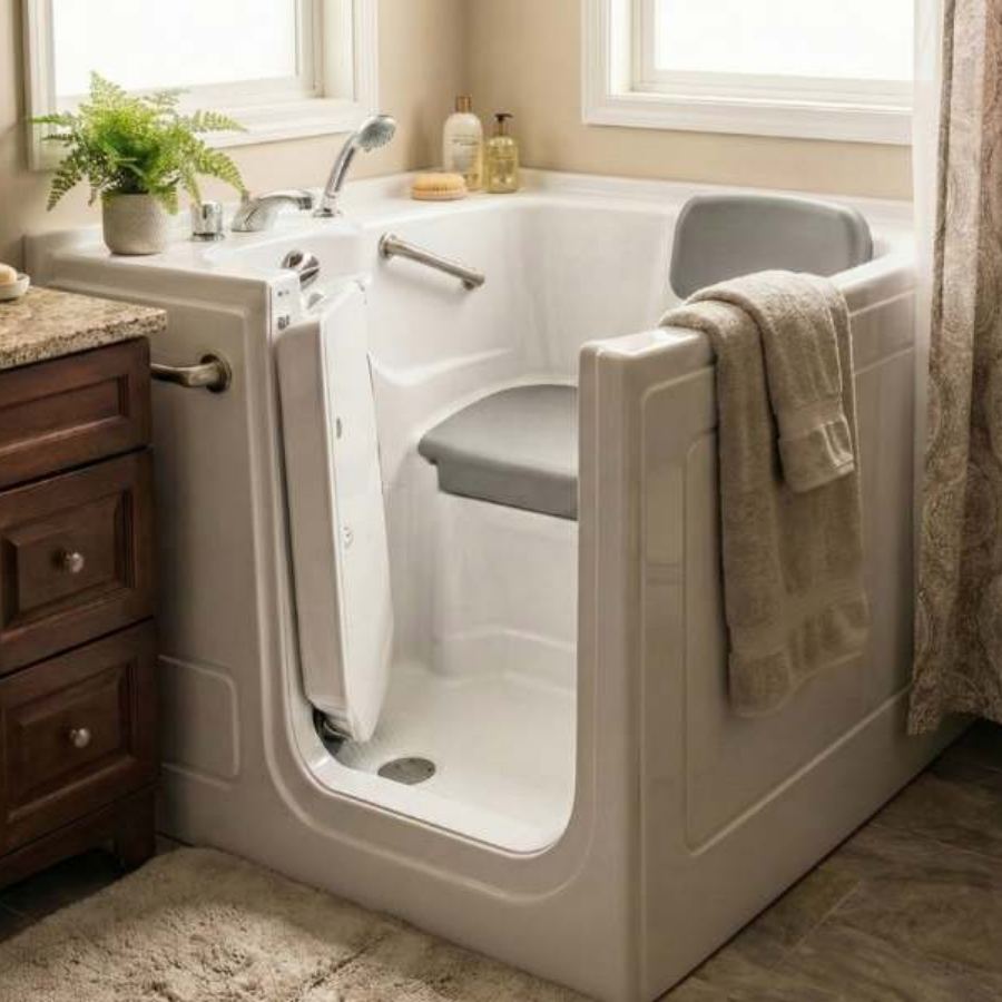 Brunswick GA walk-in tub in a compact bathroom with inward-swinging door, padded seat and headrest, handheld shower, grab bar and soft neutral decor for safe senior accessible soaking and bathing.