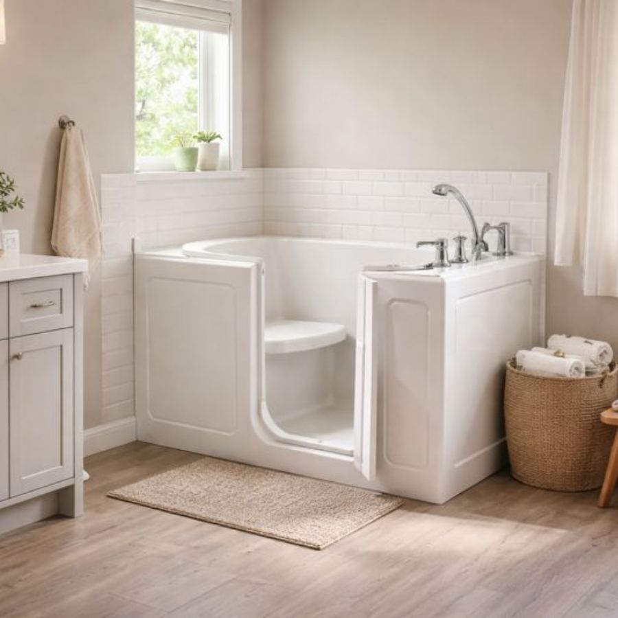 Cayce SC walk-in tub in a soft neutral bathroom with open side-entry door, built-in seat, chrome fixtures, subway tile surround and wood-look flooring for safe senior accessible soaking and bathing.