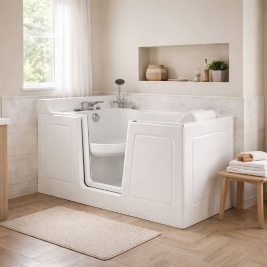 Charleston SC walk-in tub in a soft neutral bathroom with open side-entry door, built-in seat, handheld shower, niche shelving and large window for safe senior accessible soaking and bathing.