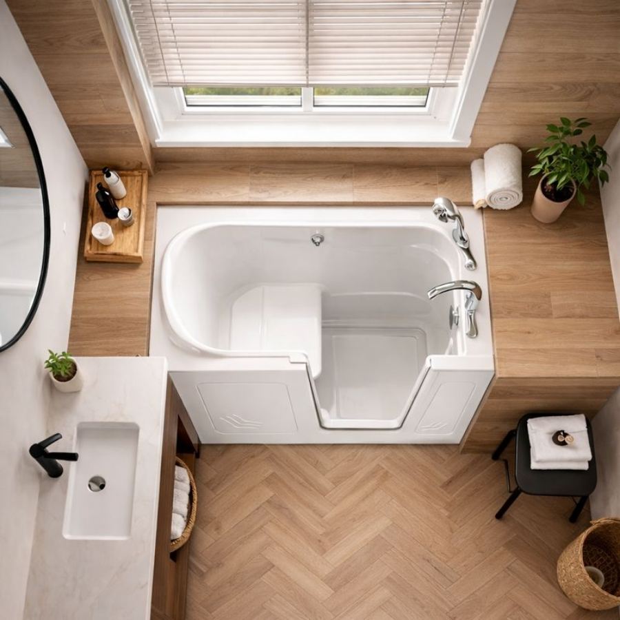 Columbia SC walk-in tub in a stylish wood-accent bathroom with low step-in door, built-in seat, chrome fixtures, large window and herringbone floor for safe senior accessible soaking and bathing.