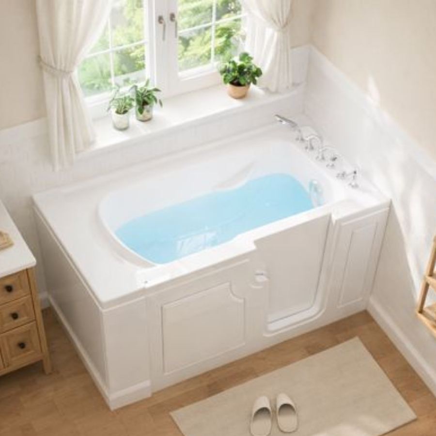 Goose Creek SC walk-in tub filled with water in a bright bathroom with side-entry door, large window, plants on the sill and wood-look flooring for safe senior accessible soaking and bathing.