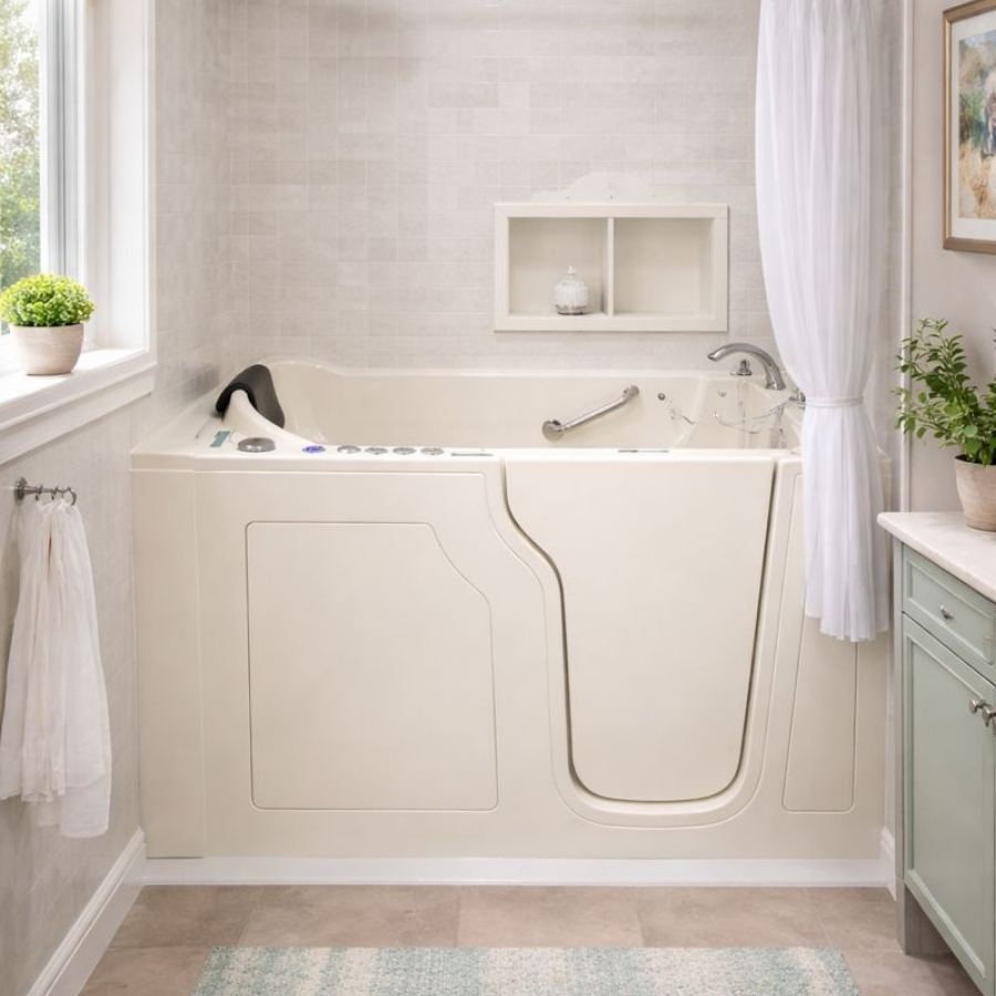 Hardeeville GA walk-in tub in a bright spa-like bathroom with cream jetted tub, low step-in door, grab bar, shower curtain and soft neutral decor for safe senior accessible soaking and bathing.