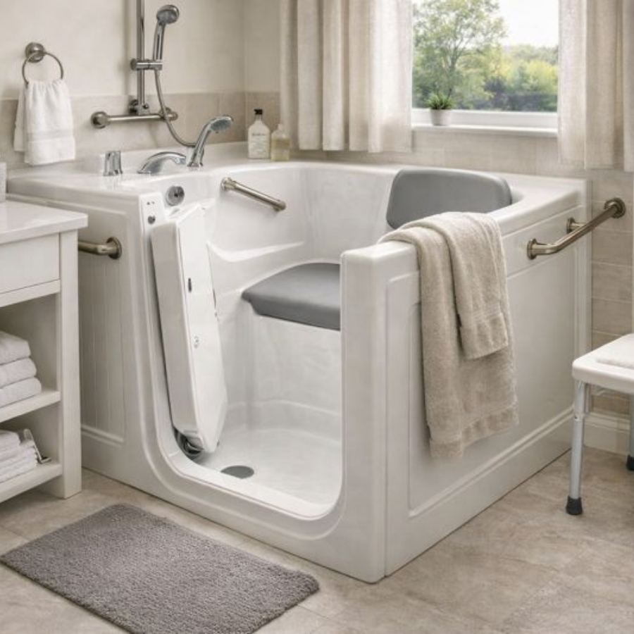 Hinesville GA walk-in tub in an accessible bathroom with inward-swinging door, padded seat and backrest, grab bars, handheld shower and neutral tile floor for safe senior bathing and showering.