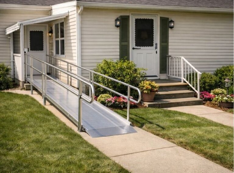 Single‑story home with an aluminum wheelchair ramp and handrails providing step‑free access to the front door, alongside traditional stairs and colorful landscaping.