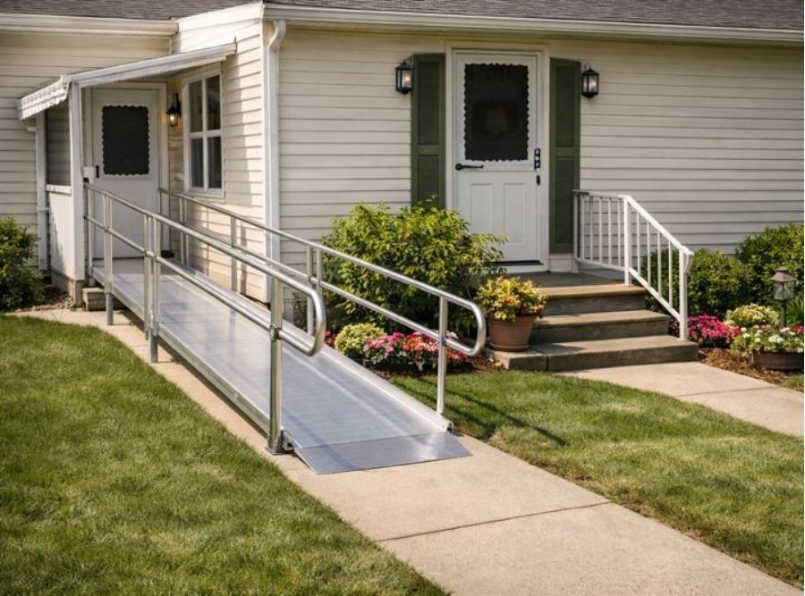 Single‑story home with an aluminum wheelchair ramp and handrails providing step‑free access to the front door, alongside traditional stairs and colorful landscaping.