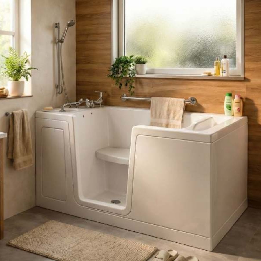 Lexington SC walk-in tub in a contemporary wood-accent bathroom with built-in seat, low step-in door, handheld shower, safety grab bar and natural light for comfortable senior accessible bathing.