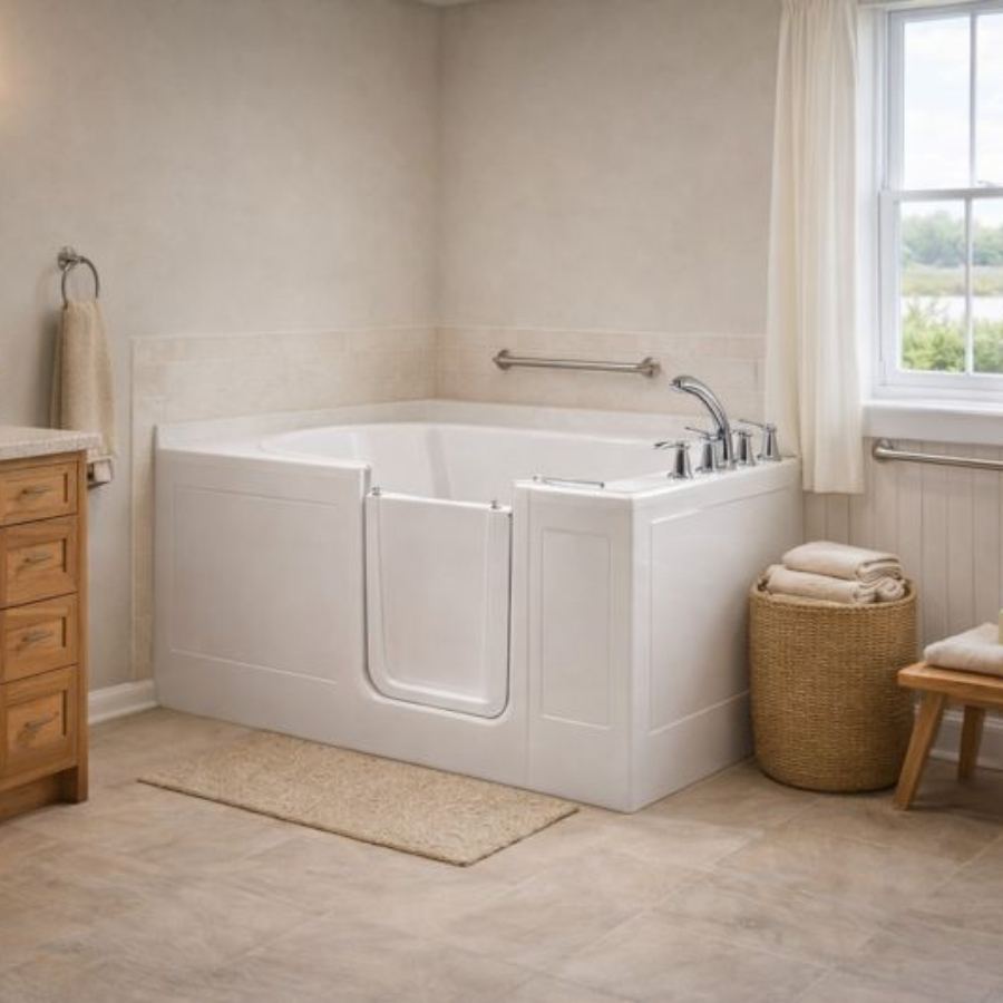 Pooler GA walk-in tub in a bright neutral bathroom with low step-in door, chrome fixtures, grab bar, large window and tile floor for safe senior accessible soaking and bathing.