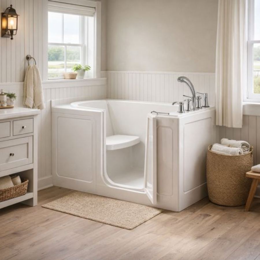 Ridgeland SC walk-in tub in a cozy farmhouse-style bathroom with open side-entry door, built-in seat, chrome fixtures, shiplap walls and wood-look flooring for safe senior accessible soaking and bathing.