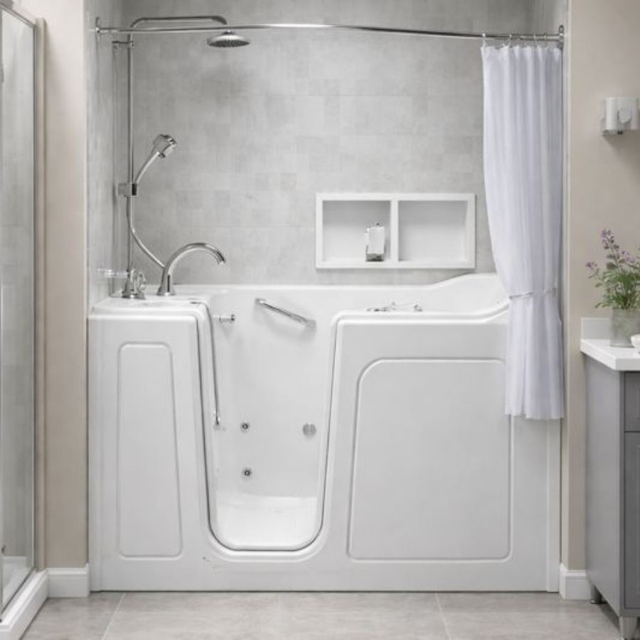 Tybee Island GA walk-in tub in a bright coastal-style bathroom with inward-swinging door, padded seat and backrest, grab bars, handheld shower and non-slip tile floor for safe senior bathing.