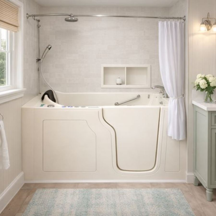 Statesboro GA walk-in tub shower combo in a bright spa-like bathroom with cream jetted tub, low step-in door, overhead and handheld shower, grab bar and soft coastal decor for safe senior bathing.