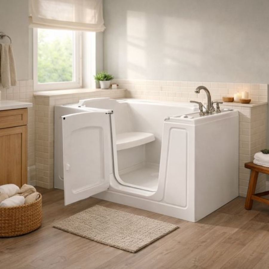 Walterboro SC walk-in tub in a light, airy bathroom with open side-entry door, built-in seat, chrome faucet, wood vanity, soft natural light and decor for safe senior accessible bathing.