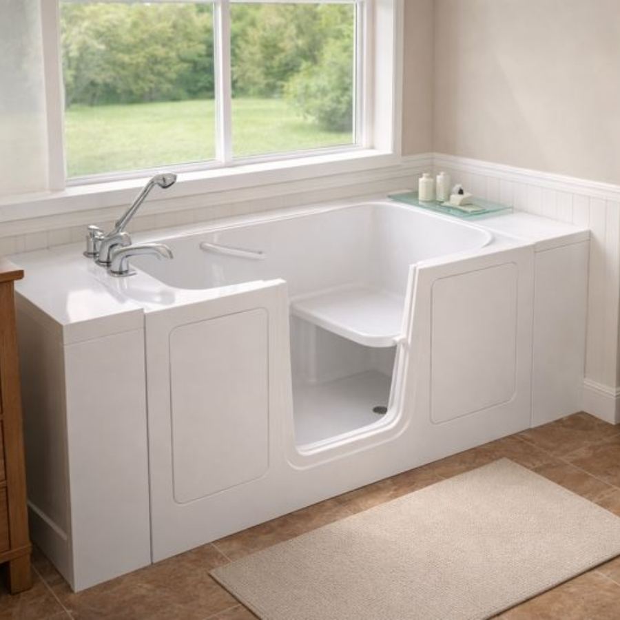 West Columbia SC walk-in tub in a bright bathroom with open side-entry door, built-in seat, large window overlooking greenery and tiled floor for safe senior accessible soaking and bathing.