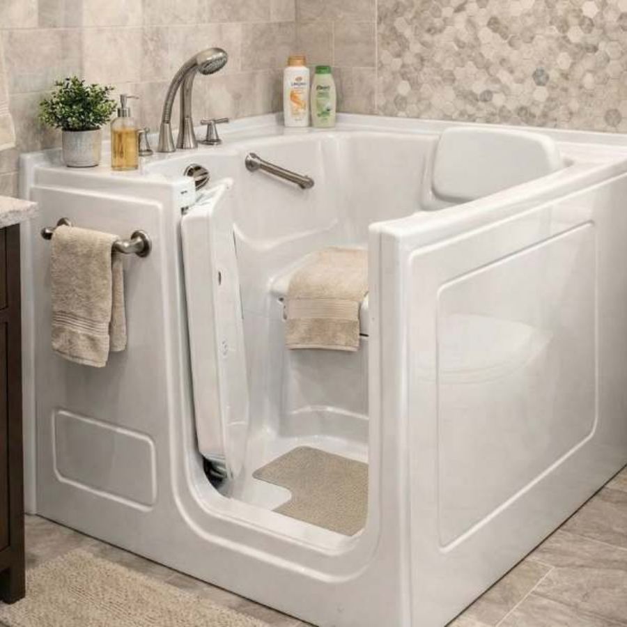 Yemassee SC walk-in tub in a compact tiled bathroom with inward-swinging door, built-in seat, grab bars, handheld showerhead and neutral decor for safe senior accessible bathing.