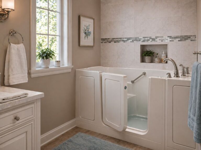 a bathroom with walk-in tub