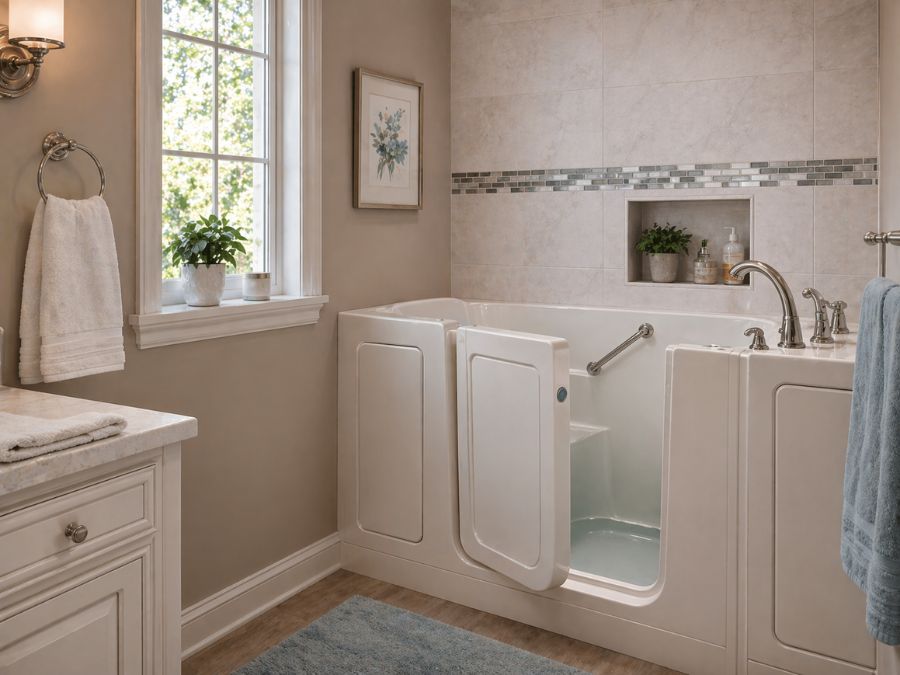a bathroom with walk-in tub